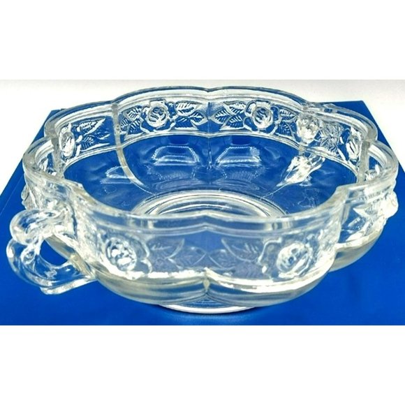Pressed Glass Dish Bowl Embossed Roses Ornate Handles Vintage Pedestal Bottom - Picture 15 of 15